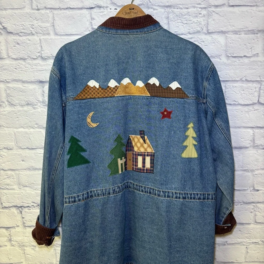Baccini Womens Denim Jacket 2XL Embroidered Birdhouses Vintage Barn Jacket Moon - Picture 2 of 15